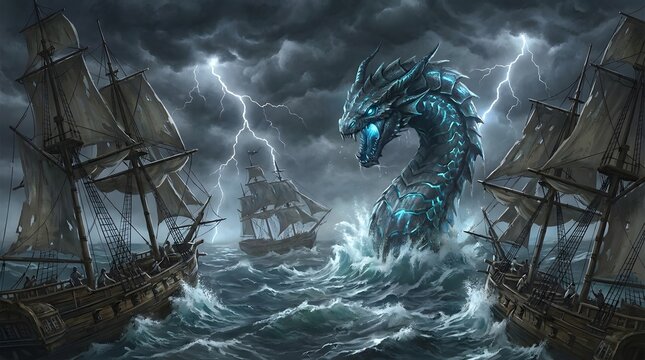 Fantasy Leviathan Battle Scene with Giant Sea Serpent Attacking Wooden Ships