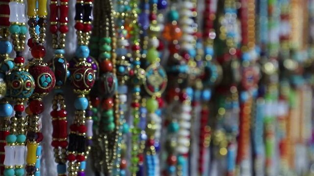 Traditional Tibetan ethnic prayer beads and handmade folk jewelry close-up