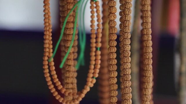 Traditional Tibetan ethnic prayer beads and handmade folk jewelry close-up
