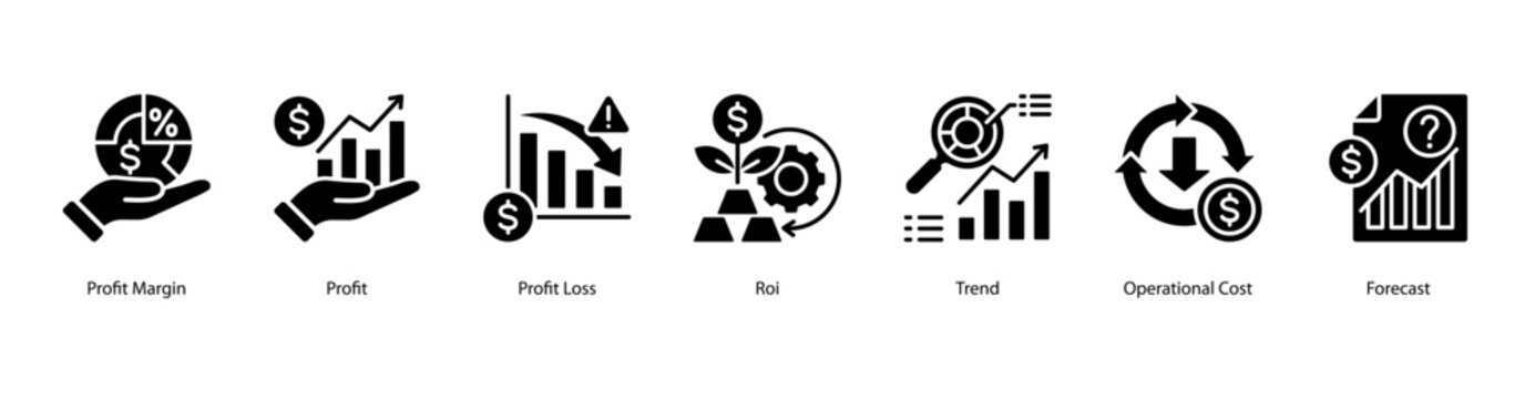 Profit Analysis web banner icon vector illustration featuring Profit Margin, Profit, Profit Loss, ROI, Trend, Operational Cost, and Forecast.