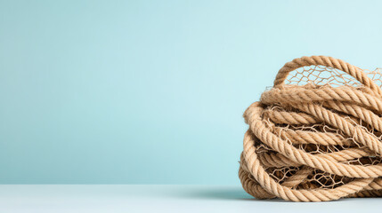 Fototapeta premium A coil of natural jute rope on a smooth surface against a soft blue background, perfect for crafting and decorating projects.