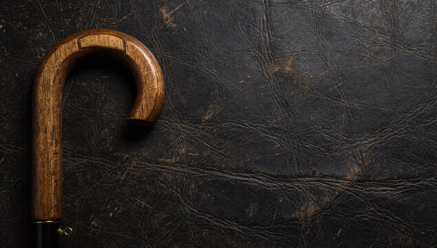 Wooden walking stick handle on dark leather background close up