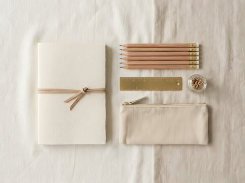 Minimalist stationery set with notebook pencils and accessories