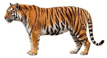 Obraz premium A powerful tiger with iconic orange and black stripes stands in profile on a clean white background for a studio photograph.