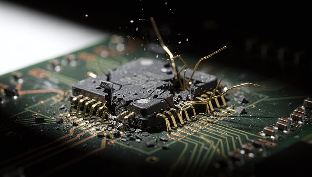 Broken microchip silicon plastic gold green printed circuit board cracked textured surface close up macro framing