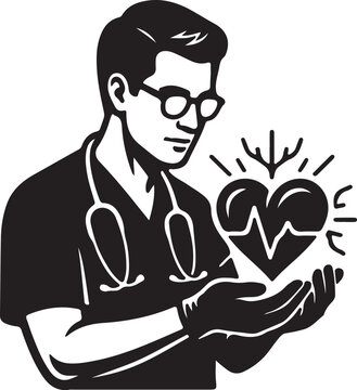 Cardiologist or Doctor Holding Glowing Heart with Ecg Line Vector Illustration.