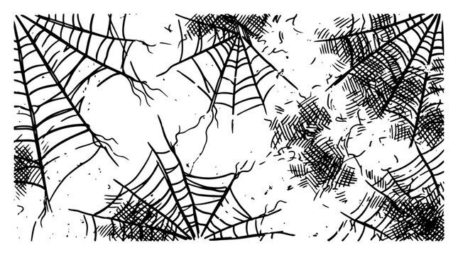 Spider web cobweb pattern on cracked surface in hand drawn sketch style