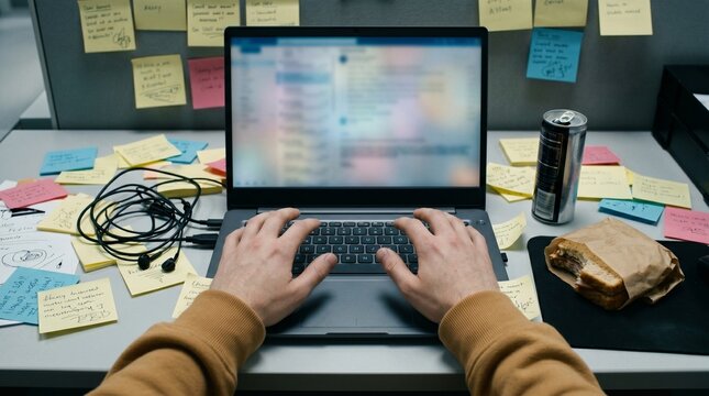 Professional typing on laptop at messy office desk with sticky notes and food.