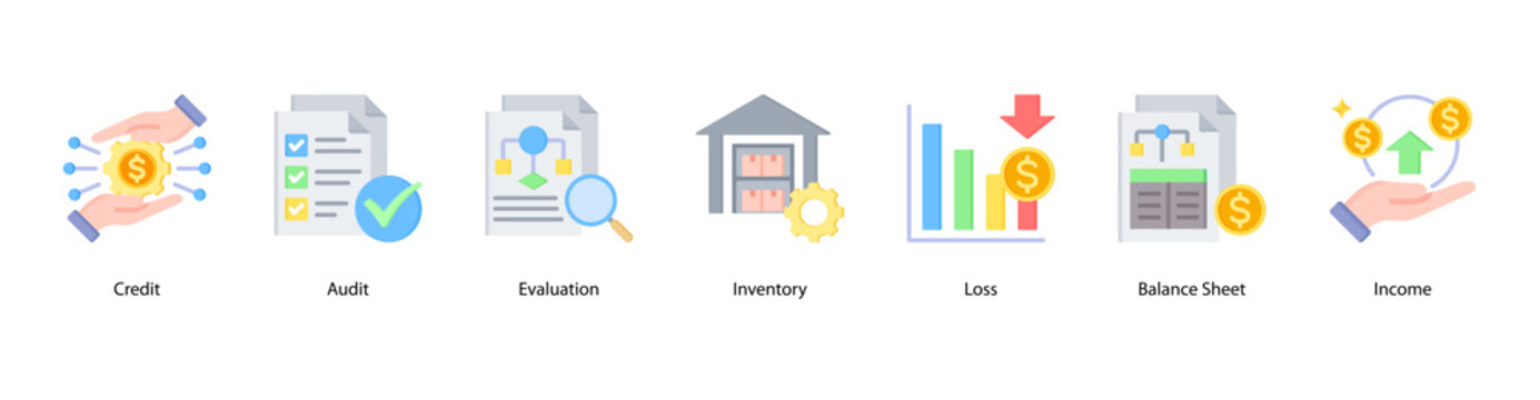 Accounting Essentials web banner icon vector illustration featuring Credit, Audit, Evaluation, Inventory, Loss, Balance Sheet, and Income.