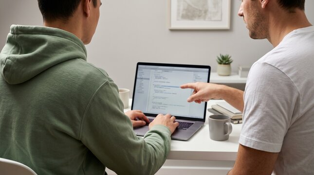 Young male programmers coding and collaborating on laptop in bright home office.