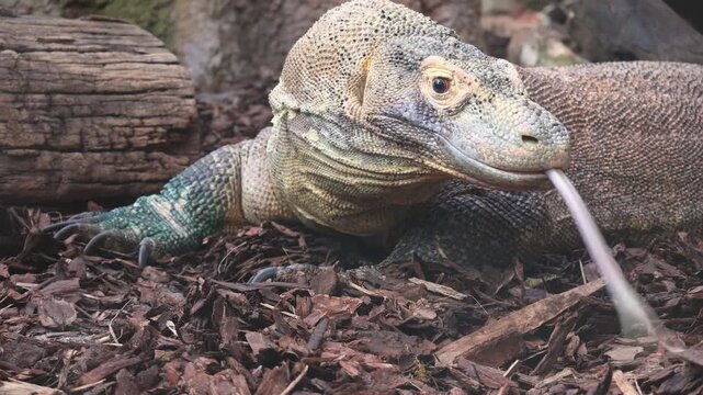 Komodo dragon lizard on forest ground close up