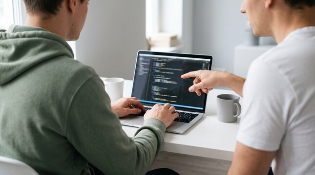 Young programmers coding and collaborating on a laptop in a modern office.