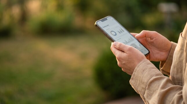 Person analyzing business dashboard on smartphone outdoors.
