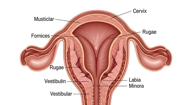 Vagina, Fornices and External Genital Vestibule: Frontal Section of Female Reproductive Tract Showing Uterus, Cervix, Vaginal Rugae, Fornices, Vestibule and Labia Minora to Illustrate the Muscular Bir
