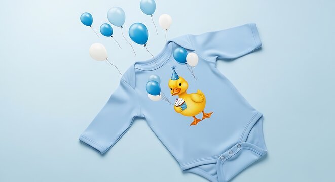 Baby onesie in light blue fabric features a cartoon duck illustration and is surrounded by floating blue and white balloons to celebrate a newborn birthday event or a baby shower announcement.