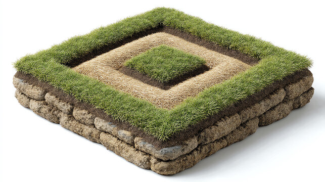 A unique square block of soil and grass arranged in layers, showcasing an innovative approach to landscaping and garden design.