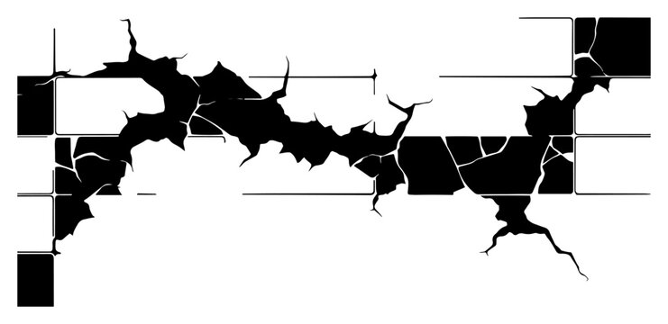 Cracked wall with jagged black fractures on a tiled surface in grunge style