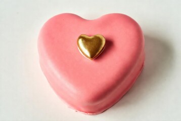 Obraz premium Pink heart shaped chocolate cake with gold foil love decoration on white background