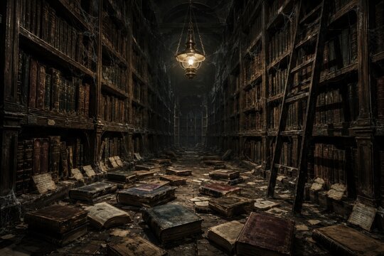 Haunted library aisle with fallen books and hanging lamp