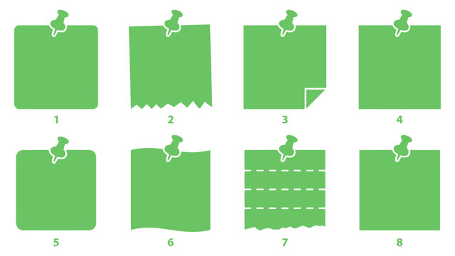Eight green sticky notes pinned with thumbtack reminder stationery template