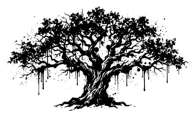 Spreading ancient tree with wide branches in urban stencil grunge style © UrbanDruid