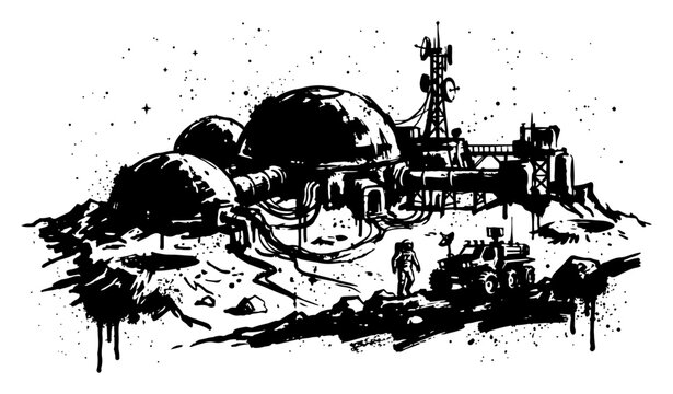 Lunar base colony with domes and astronaut on moon surface in gritty sci-fi ink style