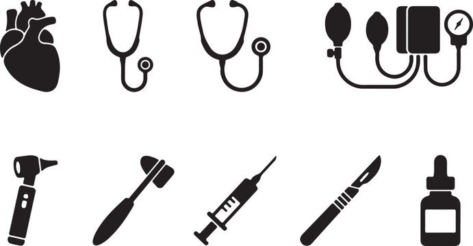 Medical Equipment and Healthcare Tools Vector Icon Set Silhouette