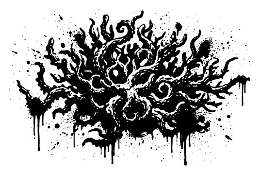 Writhing mass of eldritch tentacles with messy ink drips in dark horror style