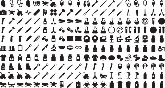 Medical icons mega set vector black silhouette health care medicine hospital laboratory elements.