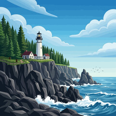 Lighthouse stands on rugged cliffside overlooking ocean waves crashing below © womaura