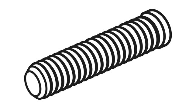 Black and white spiral metal threaded rod segment isolated on white background minimal design