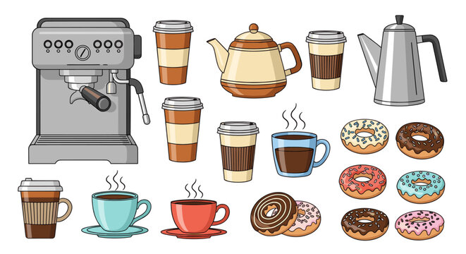 Coffee maker machine teapot cup mug and donut collection. Set of hot beverage and pastry icons for cafe menu design. Flat style vector illustration isolated on white background