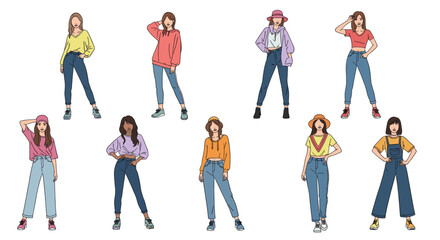Fototapeta premium Collection of young stylish woman characters posing in modern casual outfit. Female fashion trend and street style look. Vector illustration for design, banner, web element