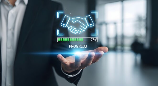 Loading progress bar with handshake icon business deal completion visualization