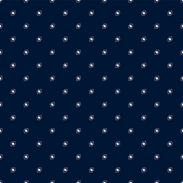 Classic male shirt seamless pattern on dark blue background. Minimalist geometric vector illustration with tiny white abstract icons, small square dots. Elegant masculine print for mens fashion