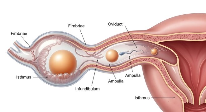 Fallopian Tube Structure and Fertilization Pathway: Detailed View of Infundibulum, Fimbriae, Ampulla and Isthmus Showing Oocyte Capture, Sperm Travel and Typical Site of Fertilization within the Ovidu