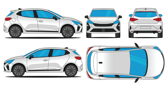 Hatchback clio car vector - Car mockup vector isolated on white background. Side, front, rear, top views. Car Illustration
