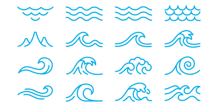 Collection of Continuous Line Art Ocean Waves and Water Swirls in Blue Outline Style