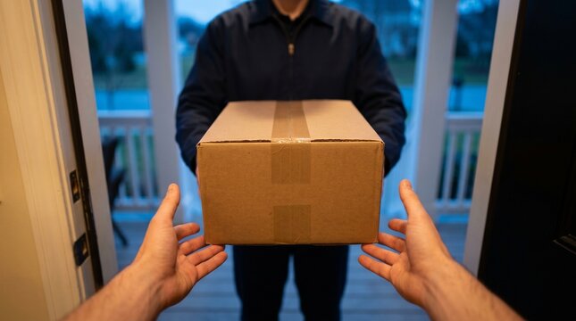 Delivery man handing cardboard package to recipient at house front door.