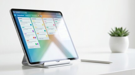 Fototapeta premium Tablet displaying kanban board for business team collaboration on modern desk.