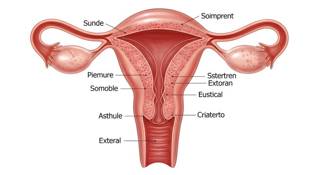 Anterior View of the Uterus and Ovaries: Diagram Labeling Fundus, Uterine Cavity, Cervix, External Os, Fallopian Tubes, Ovaries and Surrounding Peritoneal Reflections to Illustrate Overall Female Repr