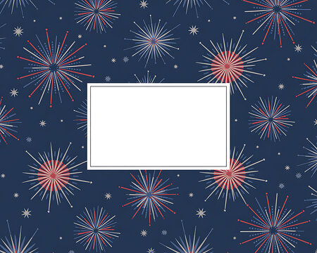 Dark Blue Background with Red White and Blue Firework Burst Patterns and a White Rectangle Frame