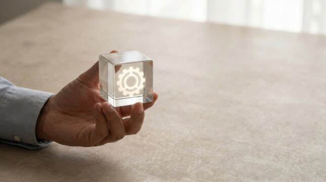 A person holding a small cube symbolizing executive decision clarity and strategic focus in business environment