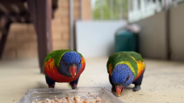 two colourful rainbow lorikeet birds standing close together on ground eating food outdoors on a balcony in Sydney, Australia