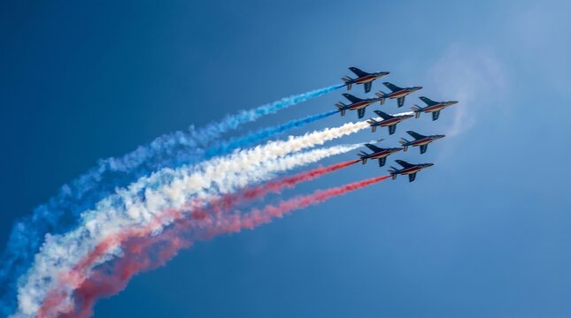 Military aerobatic jets in tight formation with blue white and red smoke trails against clear sky