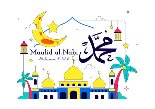 Maulid Nabi Vector Illustration Featuring Islamic Mosque, Crescent Moon, Lantern and Mawlid Celebration Design Templat