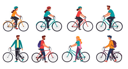 Fototapeta premium Group of man and woman riding bicycle and standing with cycle. Active lifestyle, eco transport, sport activity, healthy commute. Vector illustration set isolated on white background