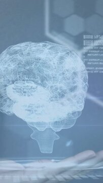 Vertical video: Palm entering, sparking wireframe brain materializing and rotating for demo