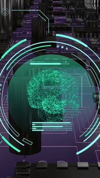 Vertical video: Teal hologram brain rotating over chip, HUD activating and scanning PCB to analyze