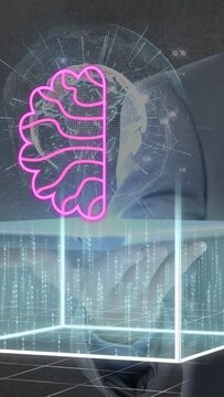 Vertical video: Man holding tablet tapping, holo rising, brains forming, AI chip showing for demo